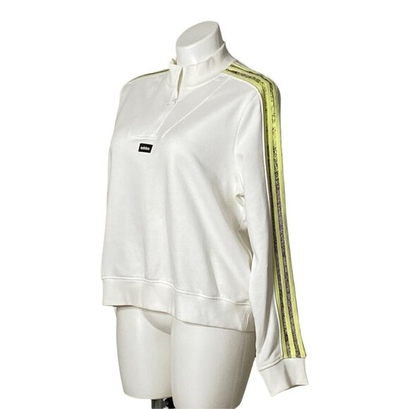 Adidas NWT White Half-Zip Sweatshirt Neon Yellow Logo Stripe Sleeves Women's 2XL - Picture 8 of 11